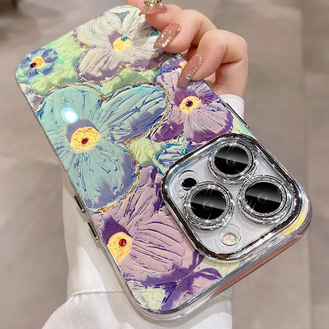 Designer Blue Floral Oil Painting Case with Shimer Lens