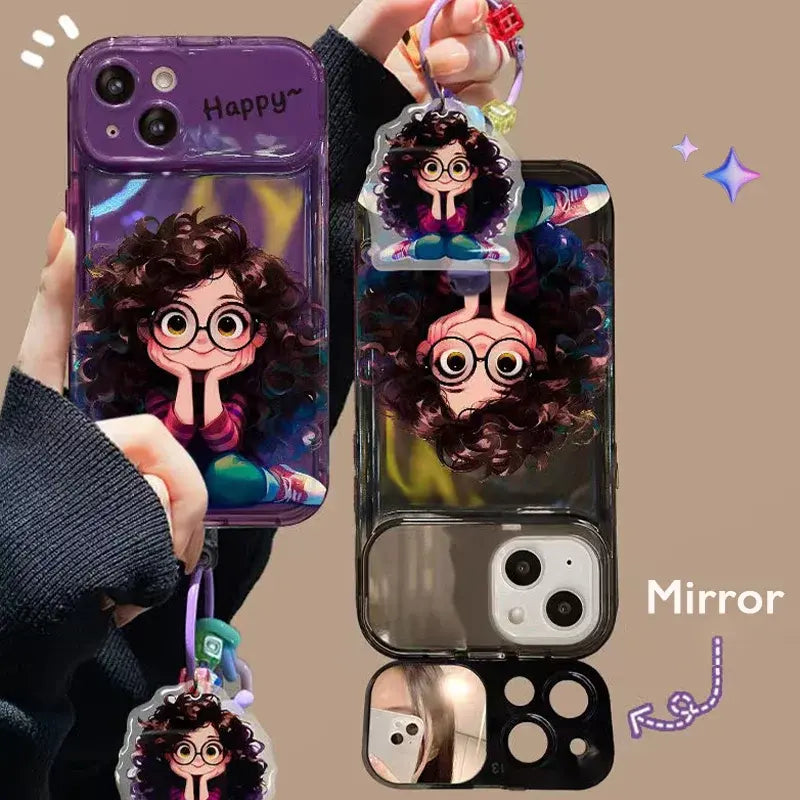 Cute Geek Girl Mirror Case with Charm for iPhone - Black Color