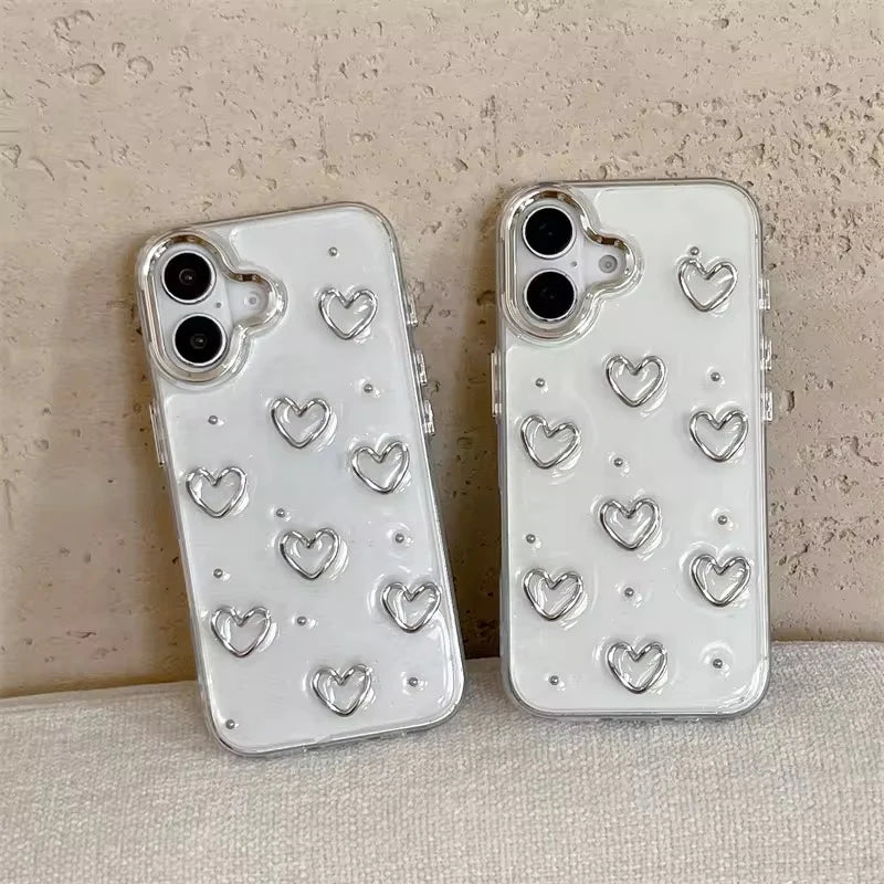 3D Glitter Silver Heart Transparent Case for iPhone