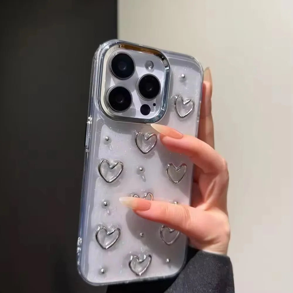 3D Glitter Silver Heart Transparent Case for iPhone