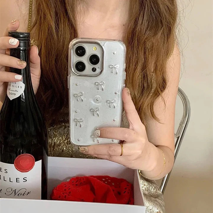 3D Glitter Silver Bow Transparent Case for iPhone