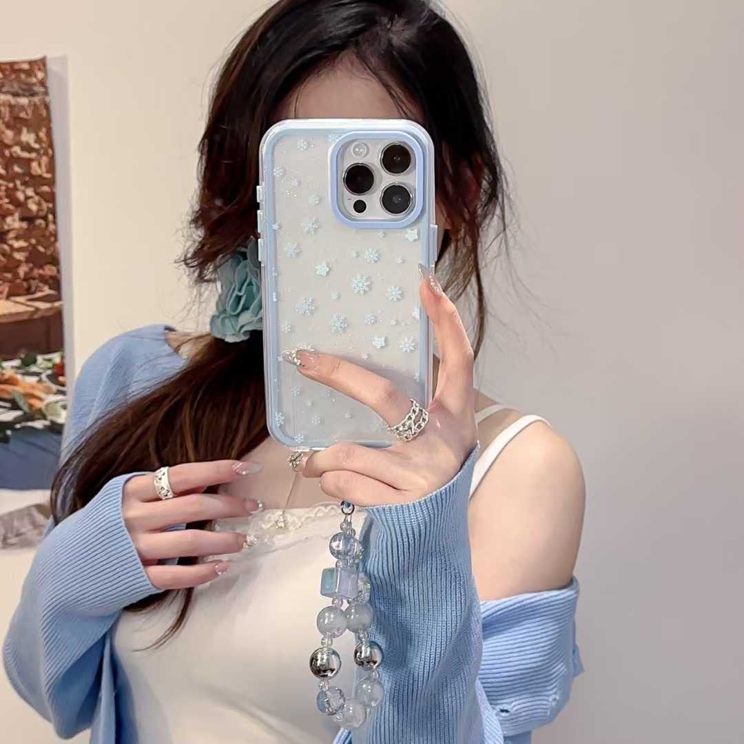 Cute Blue Star Shimmer Design Case with Charm for iPhone 16 Pro Max