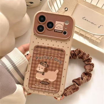 Cute Puppy Card Holder Phone Case with String for iPhone