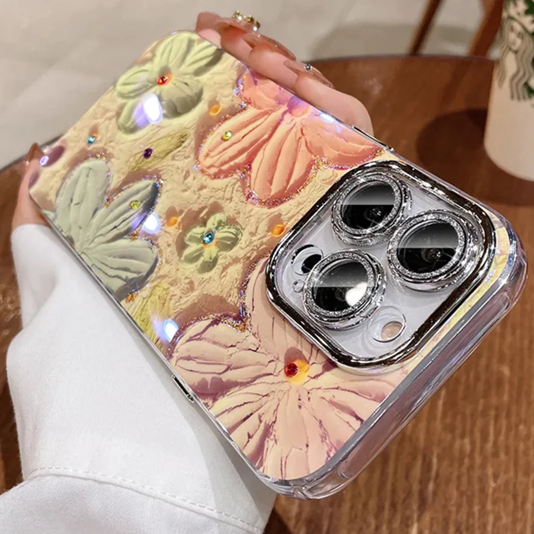 Classy Floral Oil Painting Case with Shimer Lens