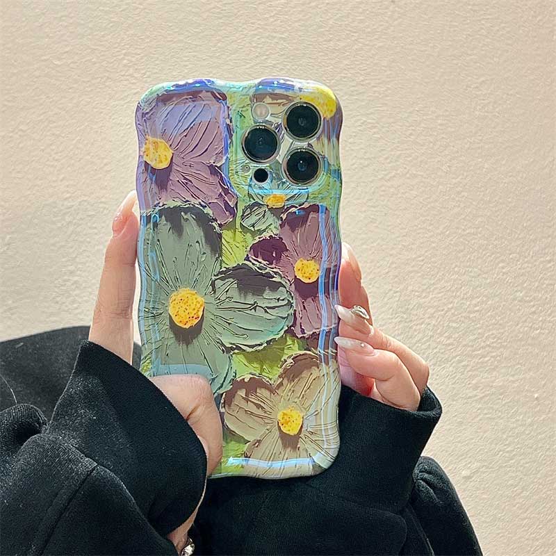 Designer Blue Curve Holographic Retro Oil Painting Flower IPhone Case