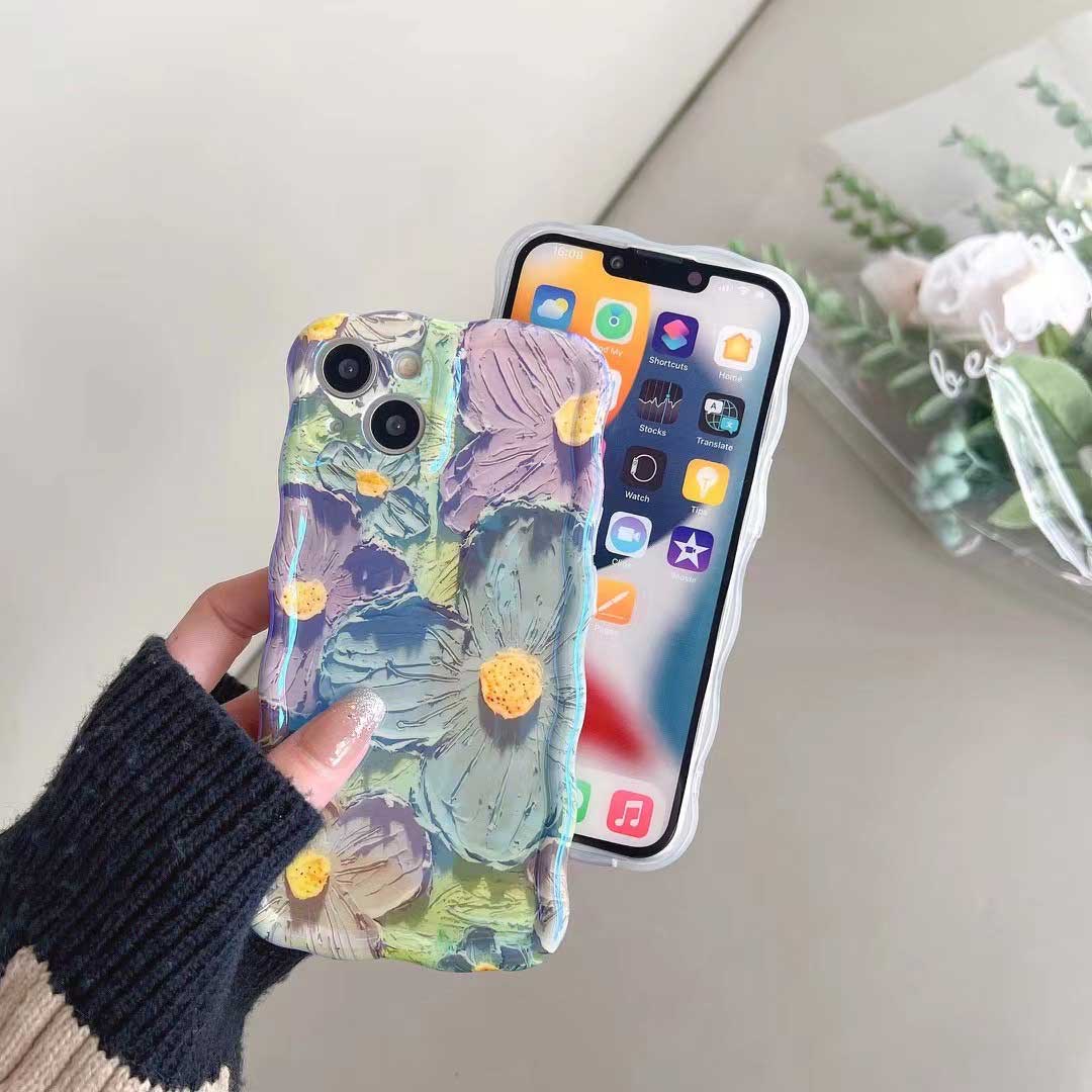 Designer Blue Curve Holographic Retro Oil Painting Flower IPhone Case