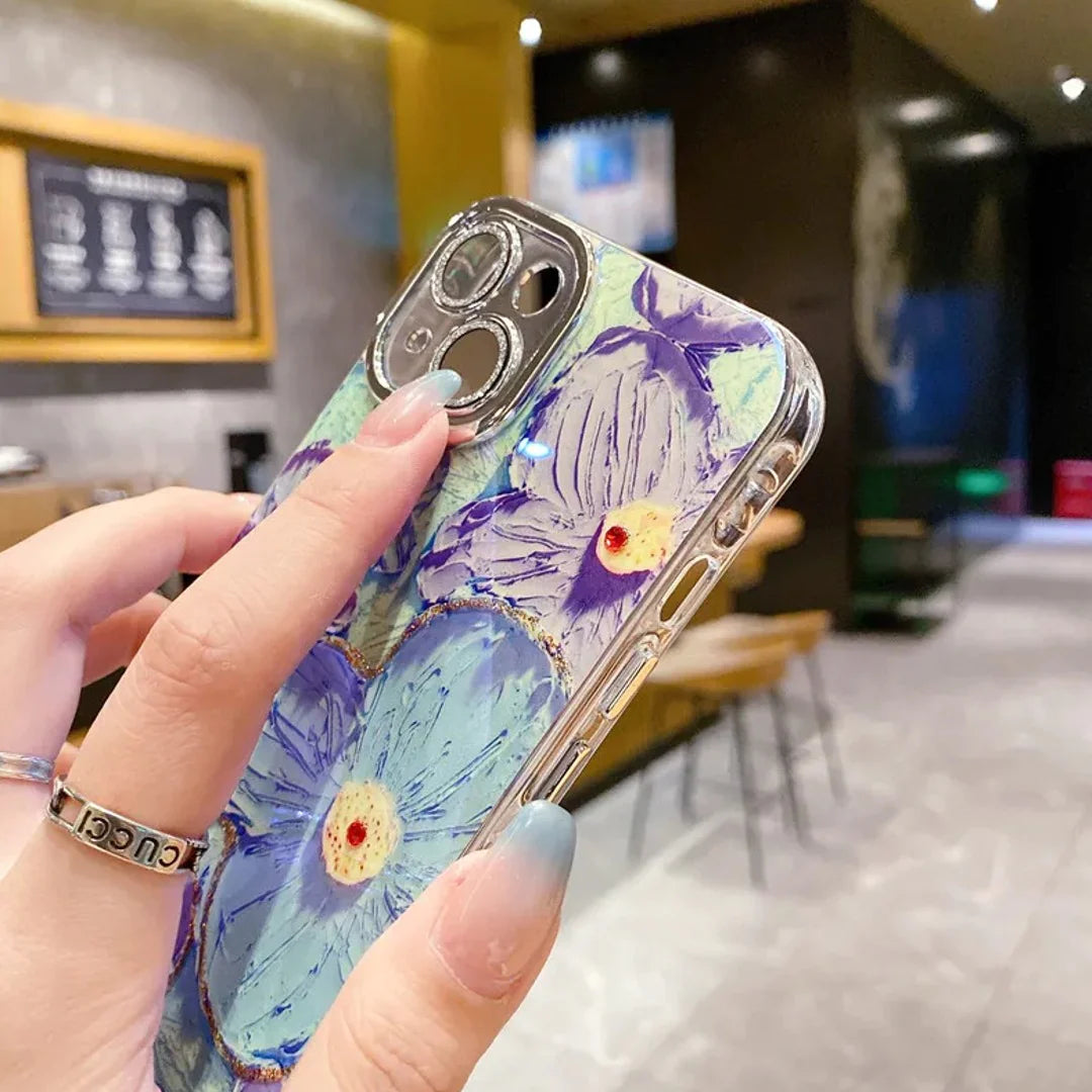 Designer Blue Floral Oil Painting Case with Shimer Lens