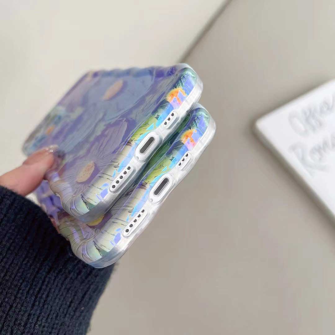 Designer Blue Curve Holographic Retro Oil Painting Flower IPhone Case