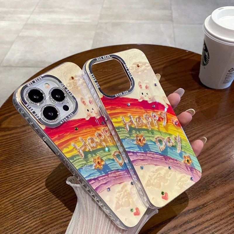 Cute Rabbit Happy Day Rainbow Cases with Diamond Lens for iPhone