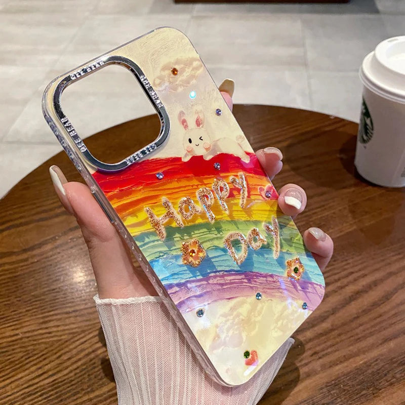Cute Rabbit Happy Day Rainbow Cases with Diamond Lens for iPhone