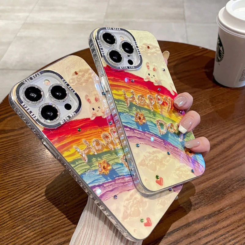 Cute Rabbit Happy Day Rainbow Cases with Diamond Lens for iPhone