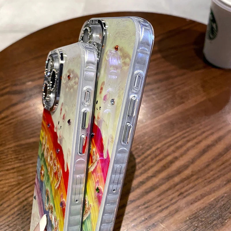 Cute Rabbit Happy Day Rainbow Cases with Diamond Lens for iPhone