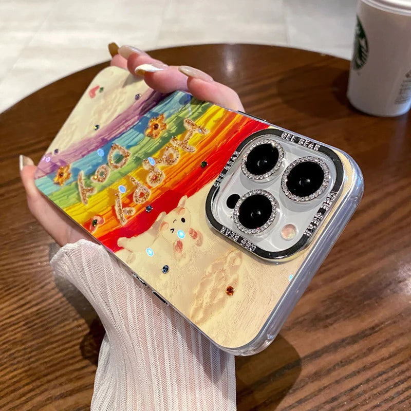 Cute Rabbit Happy Day Rainbow Cases with Diamond Lens for iPhone