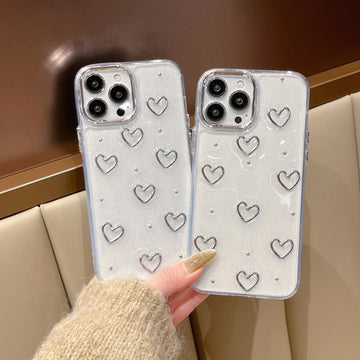 3D Glitter Silver Heart Transparent Case for iPhone