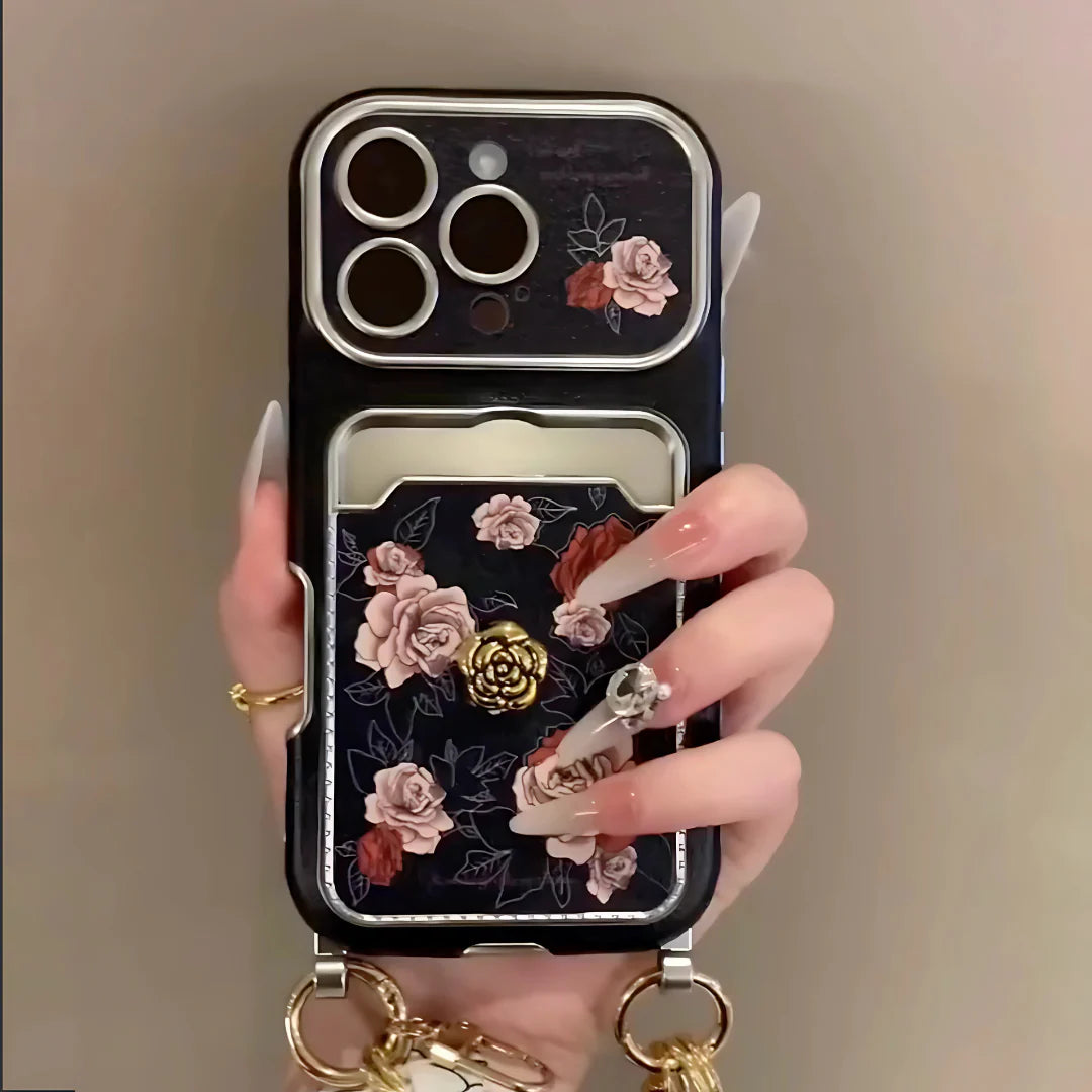 Black Rose Classic Signature Wallet Strap Case for iPhone