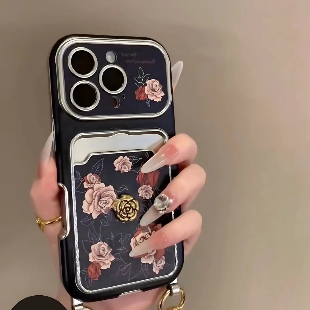 Black Rose Classic Signature Wallet Strap Case for iPhone