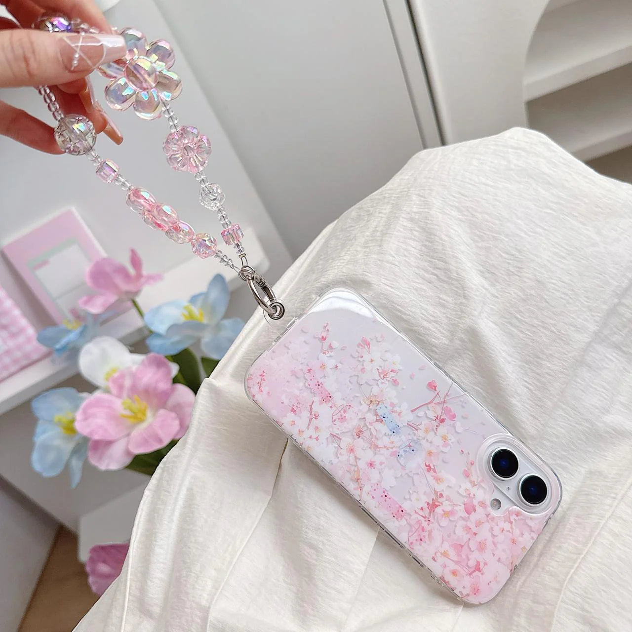 Soft Petal Elegance Case for iPhone with charms