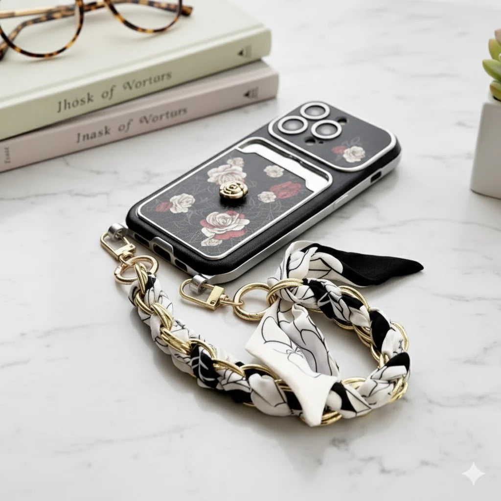 Black Rose Classic Signature Wallet Strap Case for iPhone