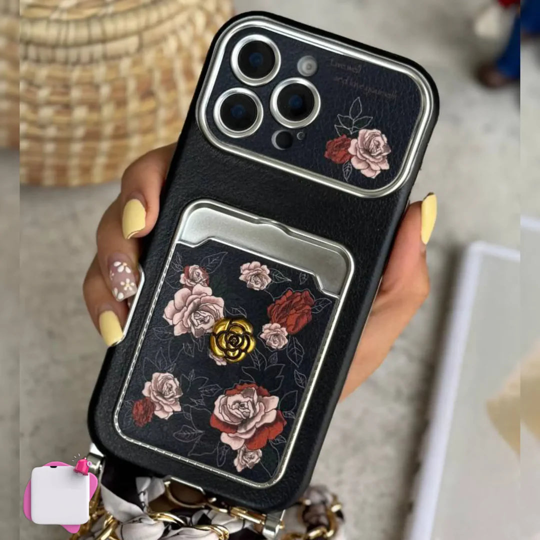 Black Rose Classic Signature Wallet Strap Case for iPhone