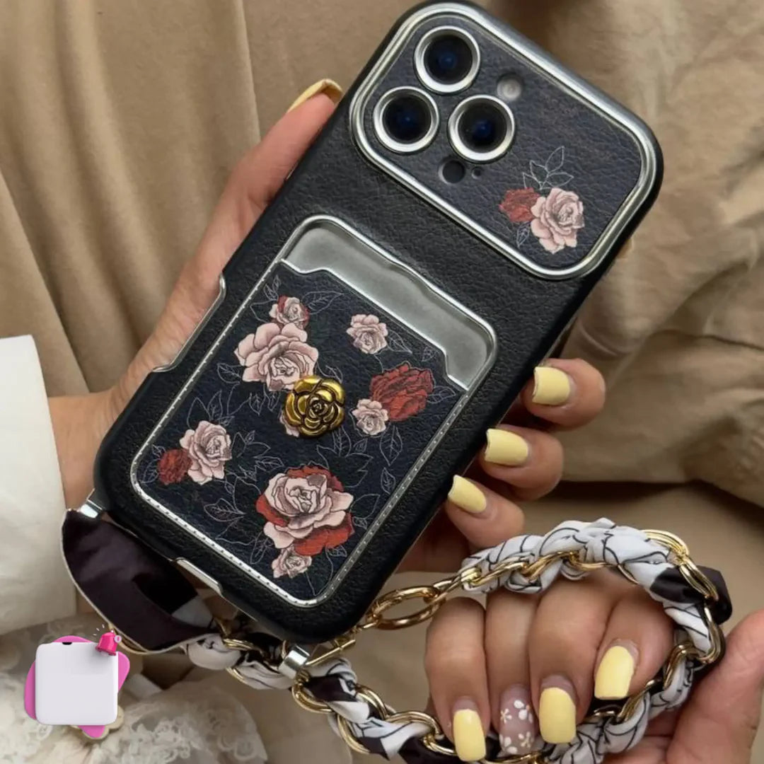 Black Rose Classic Signature Wallet Strap Case for iPhone