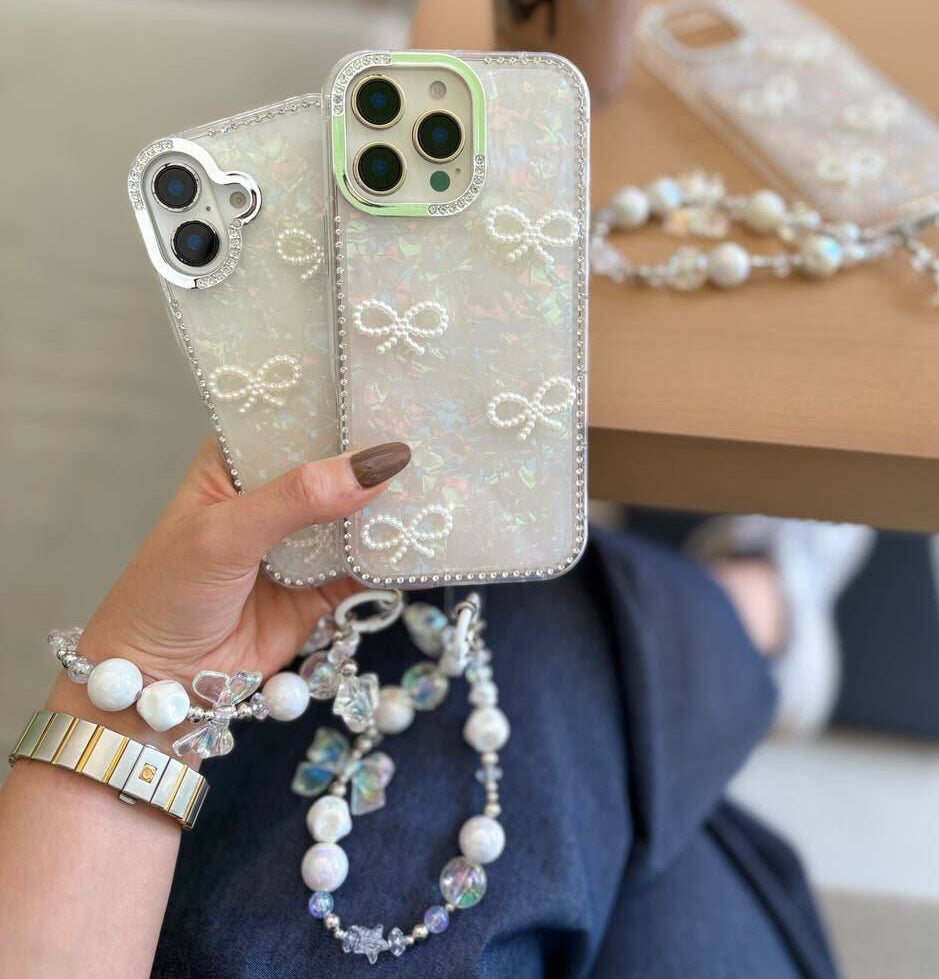Holographic Pearl Bow Case with Luxury Bead Charm for iPhone