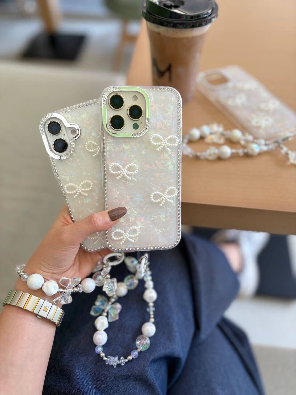 Holographic Pearl Bow Case with Luxury Bead Charm for iPhone