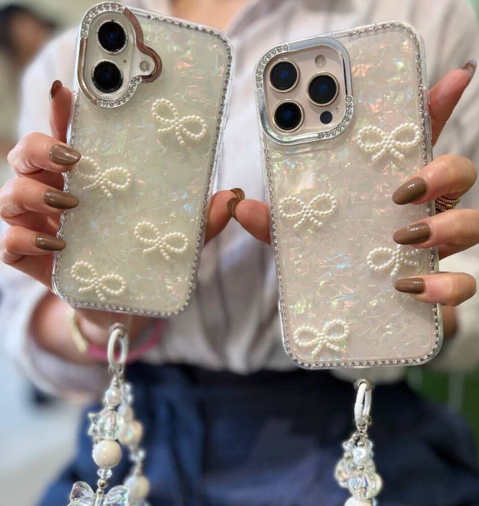 Holographic Pearl Bow Case with Luxury Bead Charm for iPhone