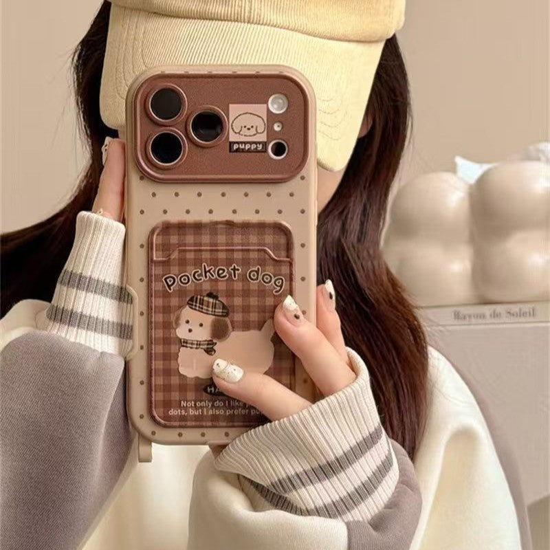 Cute Puppy Card Holder Phone Case with String for iPhone