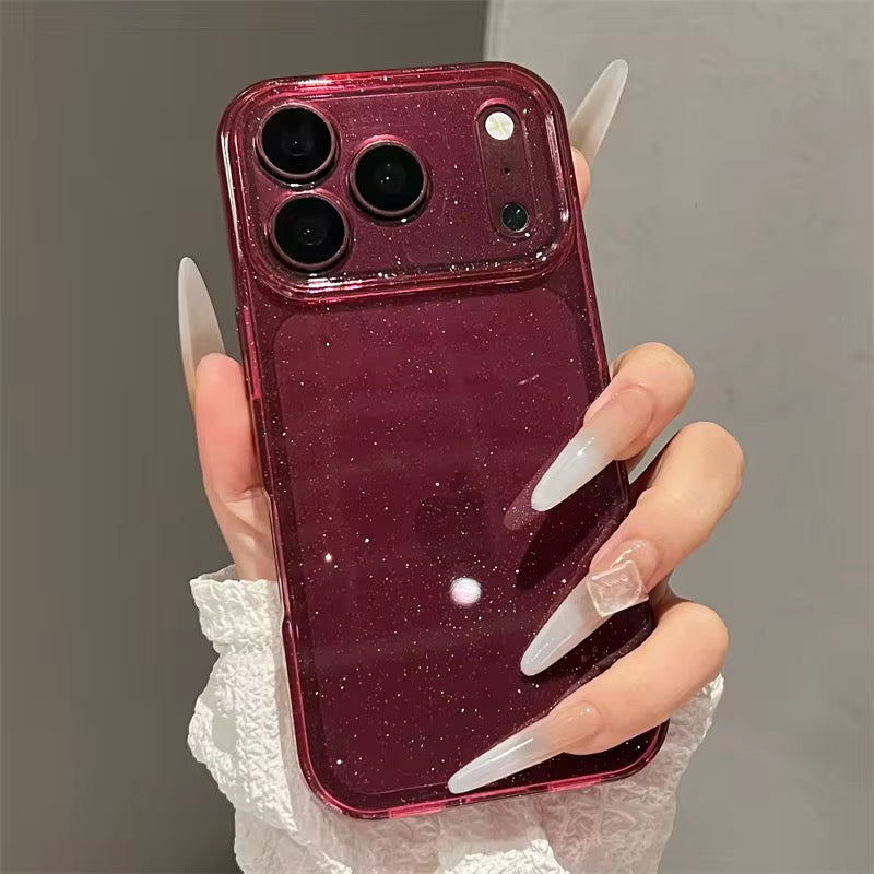 Camera Protection Shimmer Burgundy Transparent Bling Phone Case for iPhone