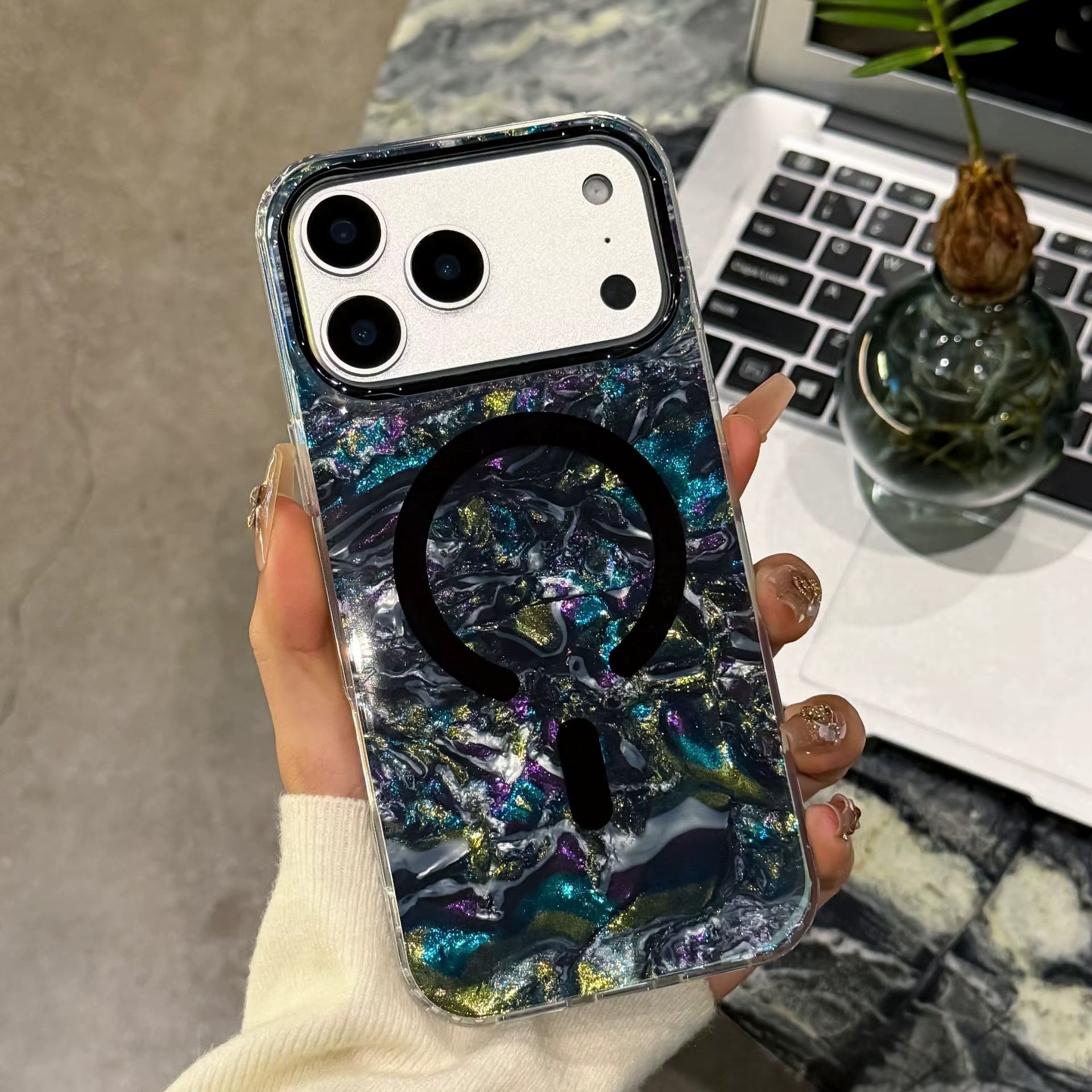 3D Marble Holographic Mag Safe Case for iPhone - Black