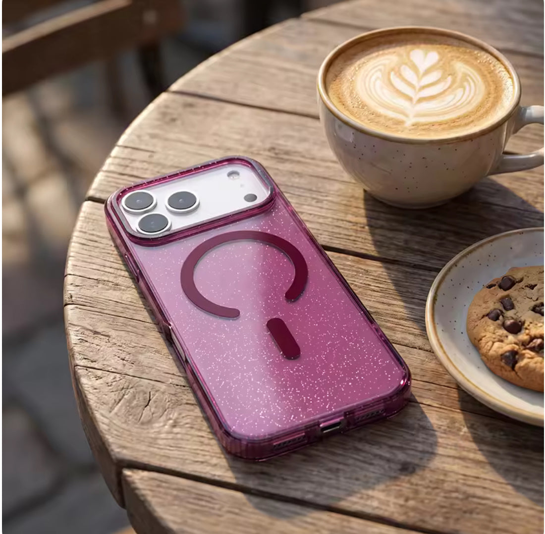 Shimmer Burgundy Mag Safe Transparent Bling Phone Case for iPhone