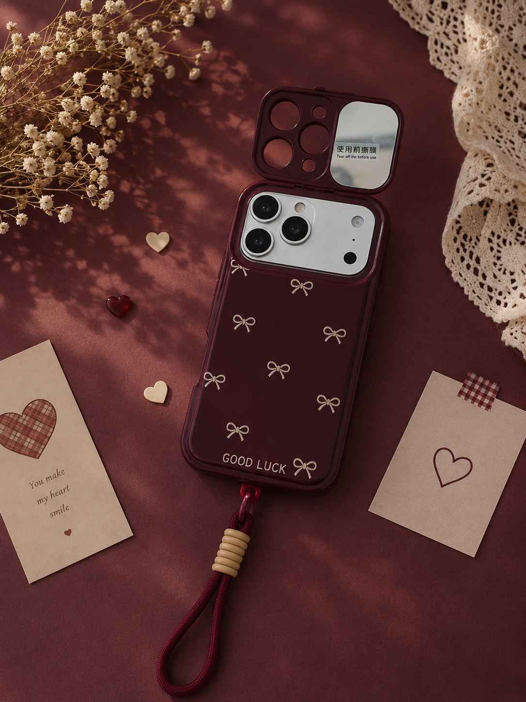 Wine Bow Charm Case with Mirror for iPhone