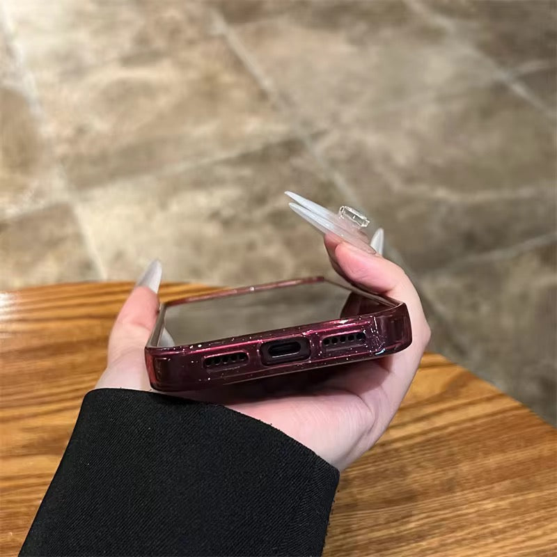 Camera Protection Shimmer Burgundy Transparent Bling Phone Case for iPhone
