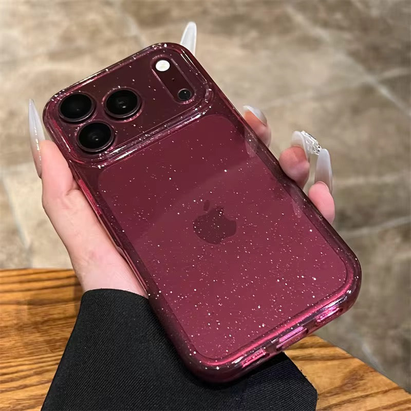 Camera Protection Shimmer Burgundy Transparent Bling Phone Case for iPhone