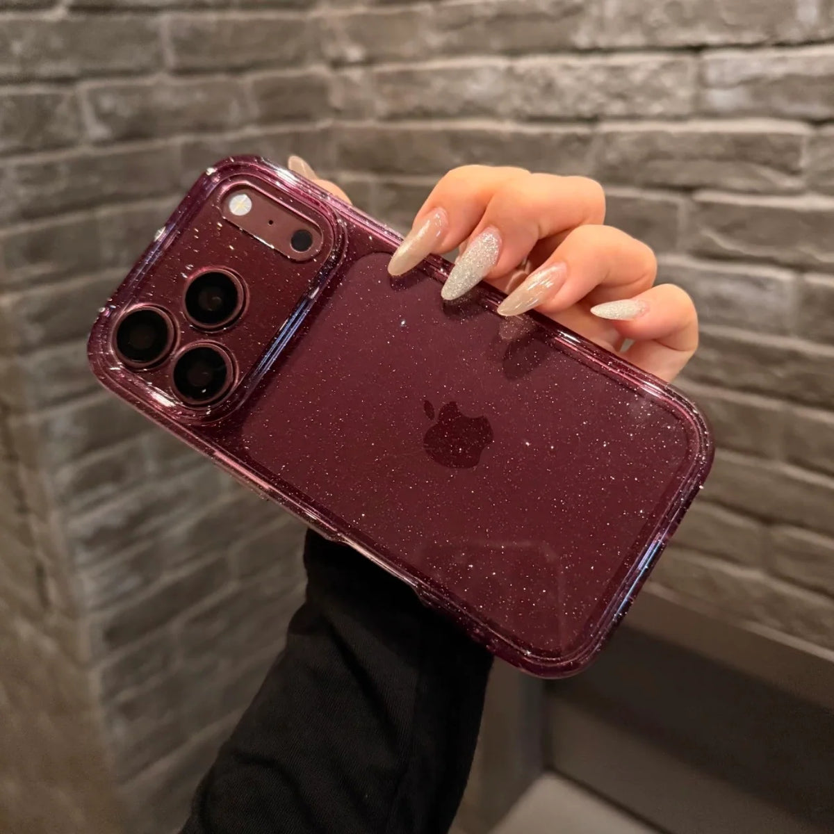 Camera Protection Shimmer Burgundy Transparent Bling Phone Case for iPhone