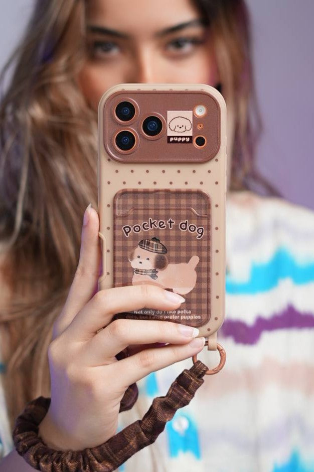 Cute Puppy Card Holder Phone Case with String for iPhone