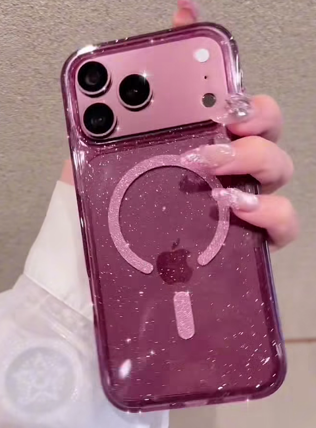 Mag Safe Shimmer Burgundy Transparent Bling Phone Case for iPhone