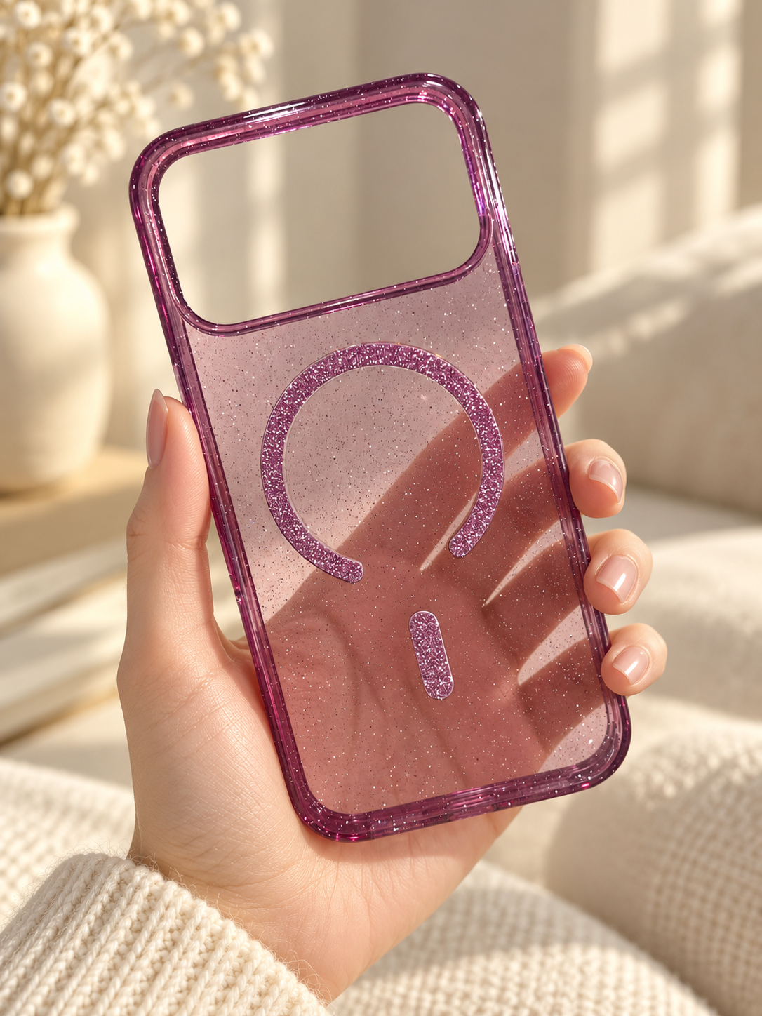 Mag Safe Shimmer Burgundy Transparent Bling Phone Case for iPhone