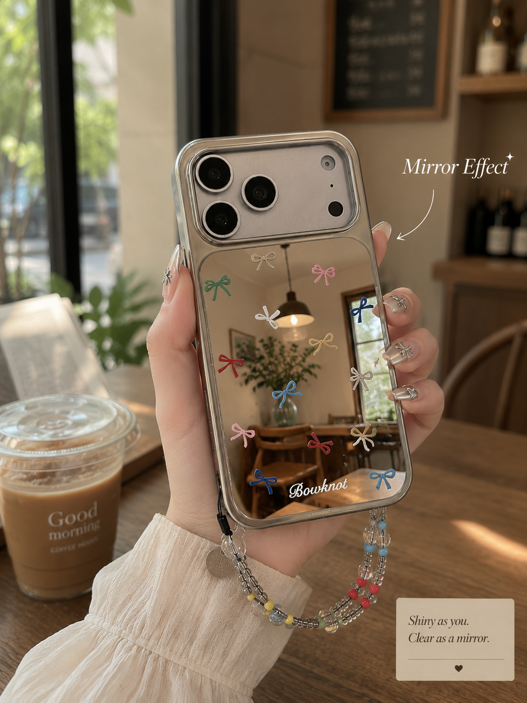 Cute Colorful Ribbons on Mirror with beaded charm for iPhone