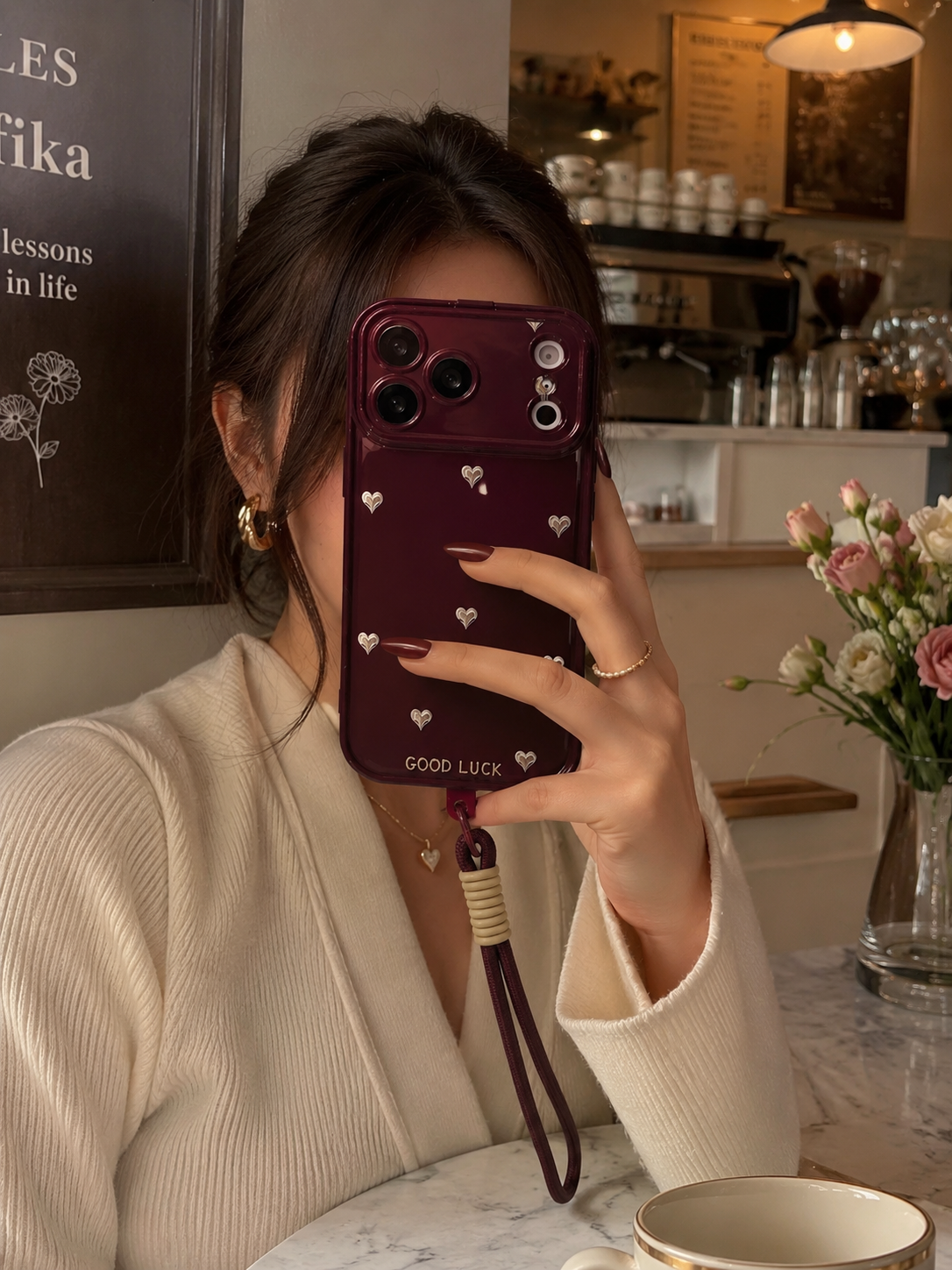 Cherry Wine small hearts Cases with Mirror & Strap for iPhone