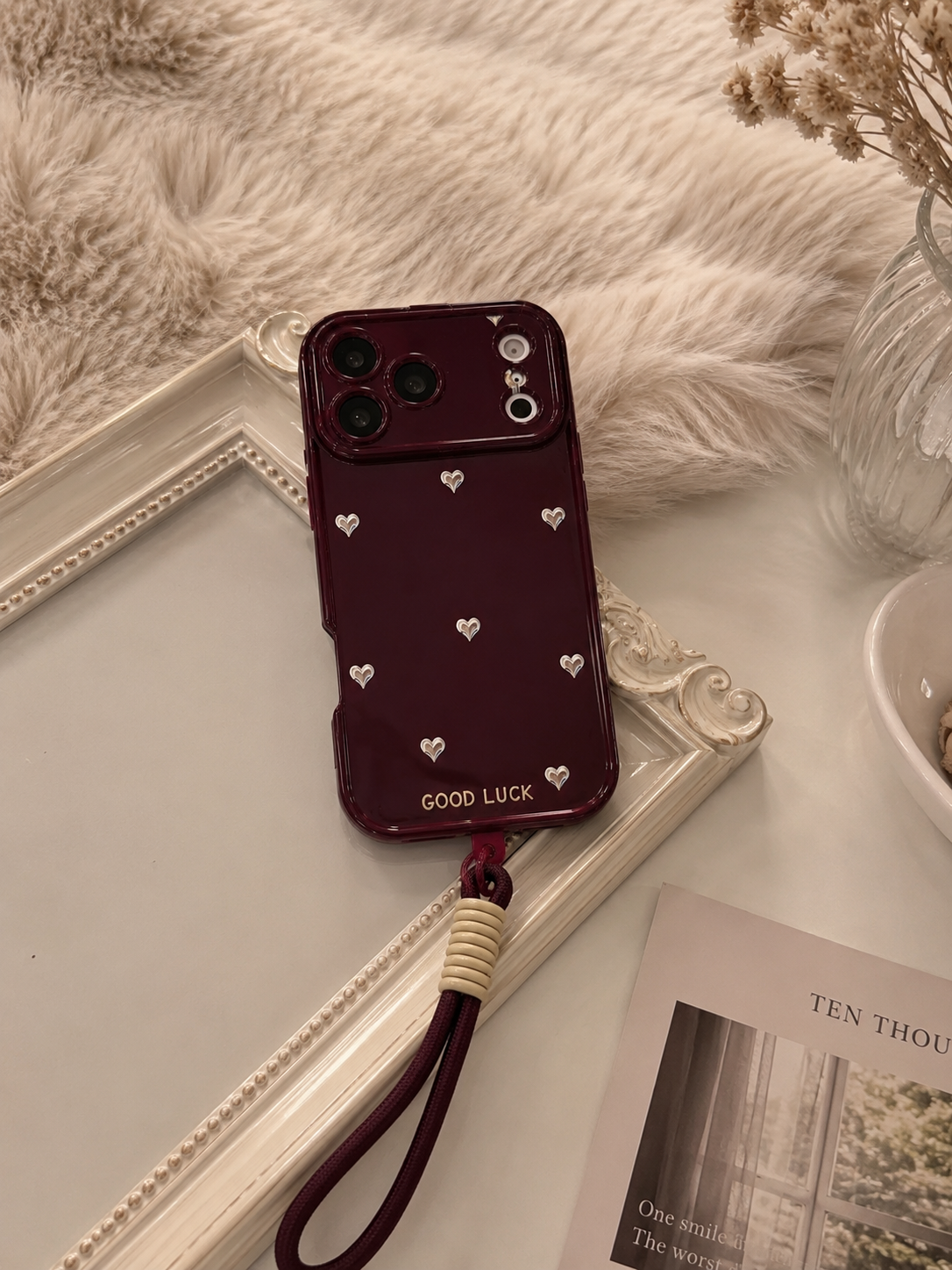 Cherry Wine small hearts Cases with Mirror & Strap for iPhone