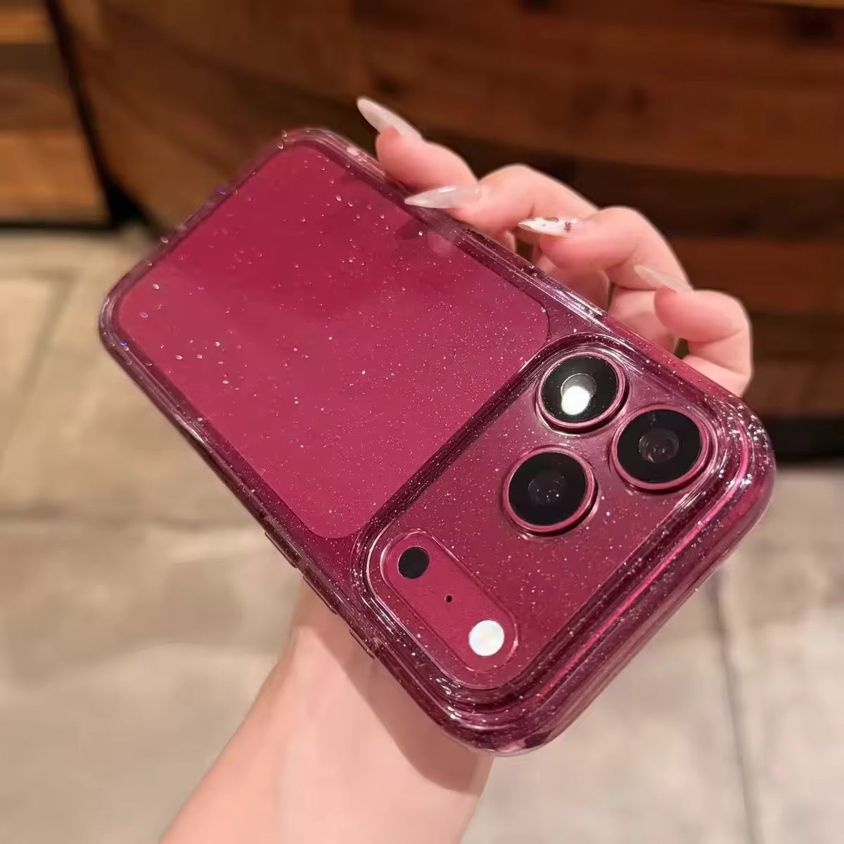Camera Protection Shimmer Burgundy Transparent Bling Phone Case for iPhone