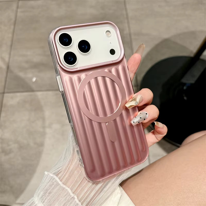 Luxury MagSafe Case with Metallic Ribbed Design for iPhone - Pink