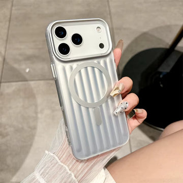 Luxury MagSafe Case with Metallic Ribbed Design for iPhone - Silver
