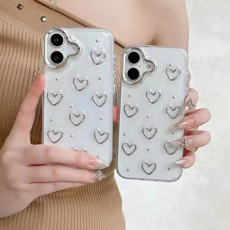 3D Glitter Silver Heart Transparent Case for iPhone
