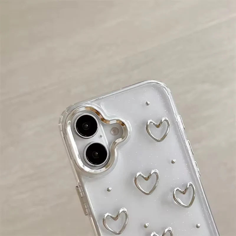 3D Glitter Silver Heart Transparent Case for iPhone