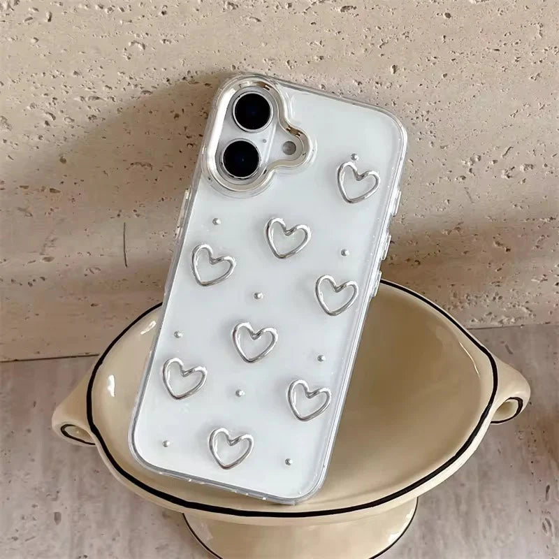 3D Glitter Silver Heart Transparent Case for iPhone
