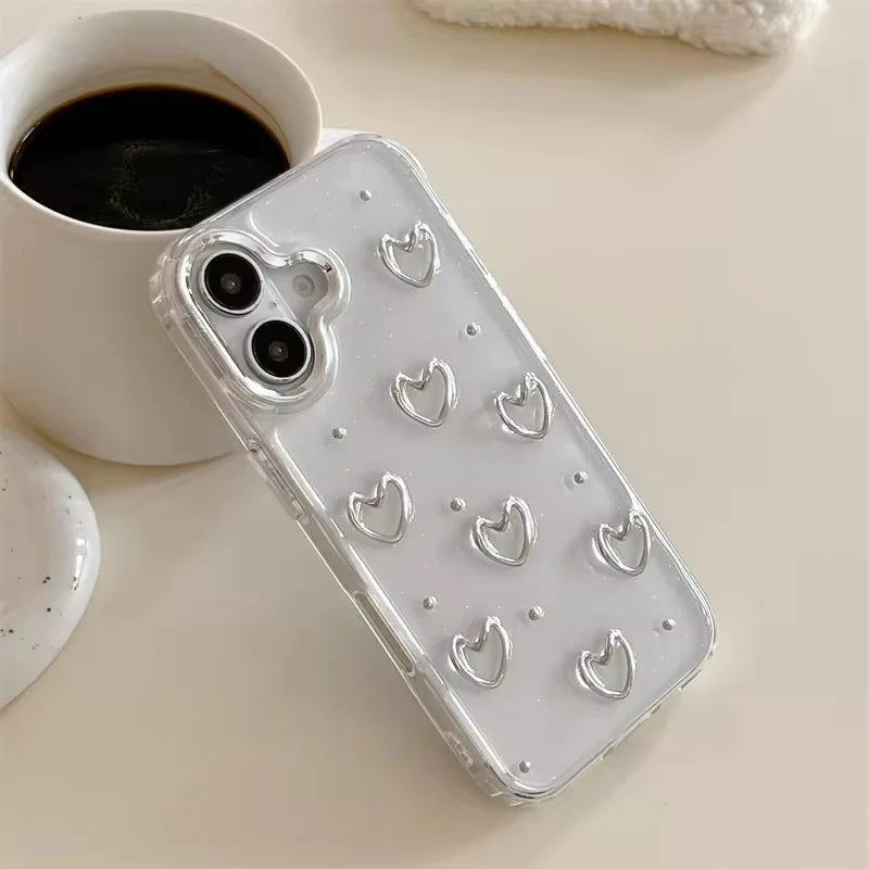 3D Glitter Silver Heart Transparent Case for iPhone