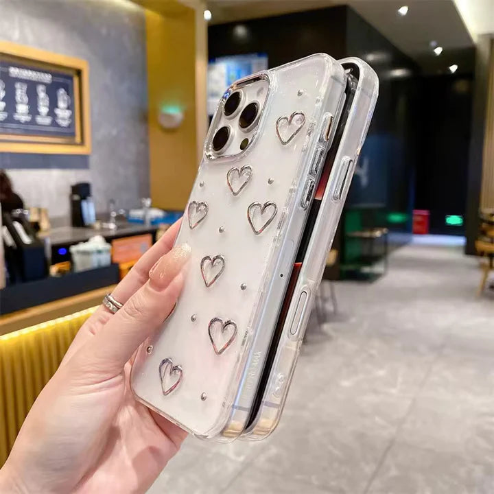 3D Glitter Silver Heart Transparent Case for iPhone