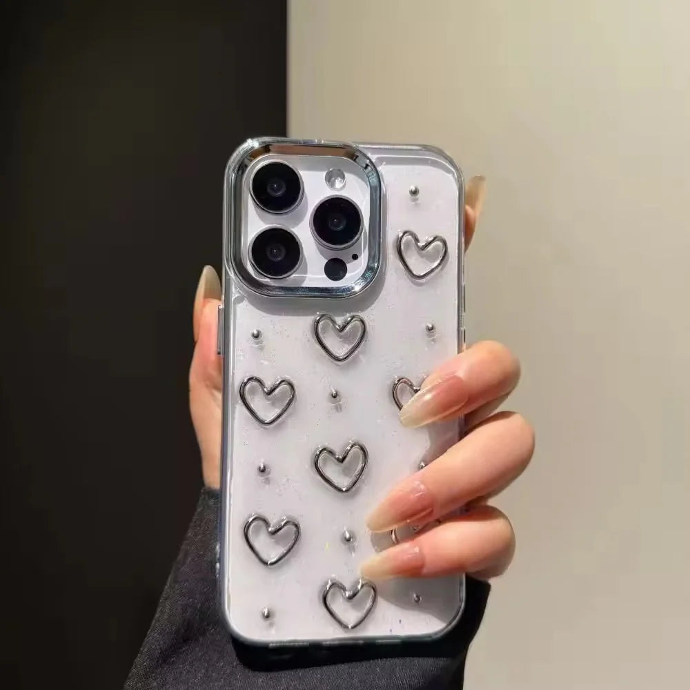 3D Glitter Silver Heart Transparent Case for iPhone